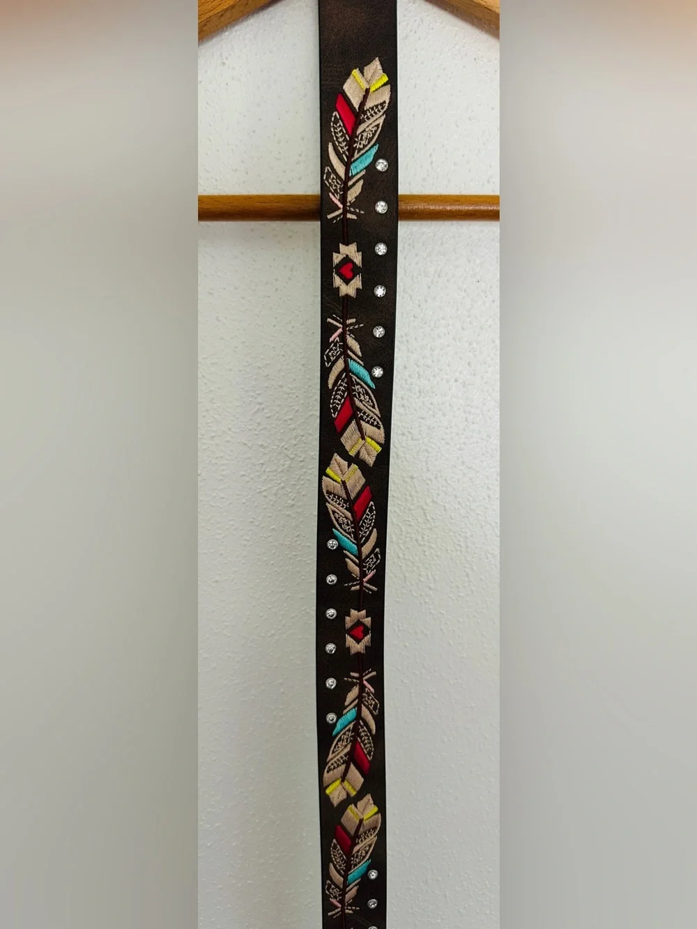 Catchfly Studio Embroidered Feather Leather Western Belt Brown Size M 29